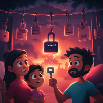 A family of three, looking concerned, watches as a glowing key held by the father appears to interact with a prominent "PASSWORD" padlock hanging from a row of other locks against a dramatic, sunset-like sky.